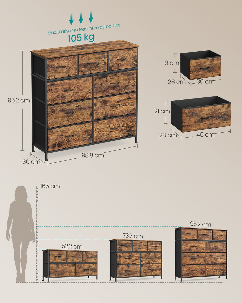 XL Dressoir Met 9 Stoffen Lades - Stalen Frame - Voor Slaapkamer Of Hal