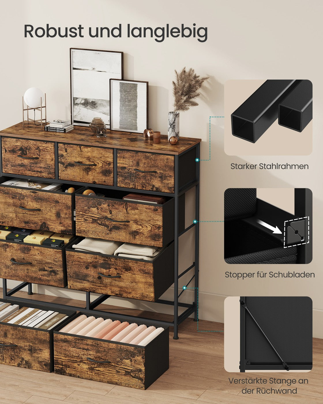 XL Dressoir Met 9 Stoffen Lades - Stalen Frame - Voor Slaapkamer Of Hal