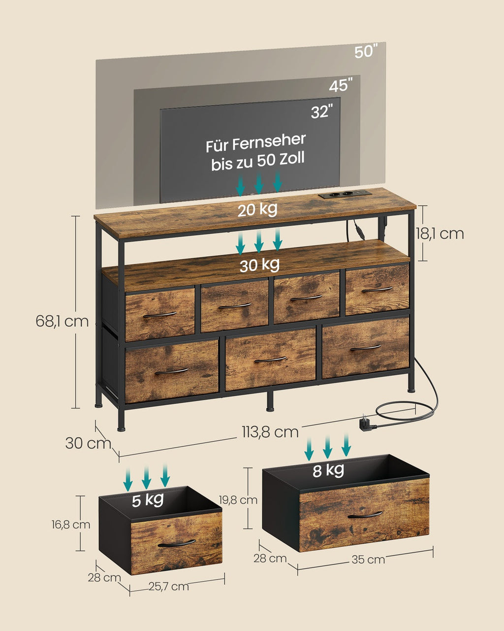 Dressoir Met 7 Lades En Open Vak - Industriële Stijl - Voor Slaapkamer En Woonkamer