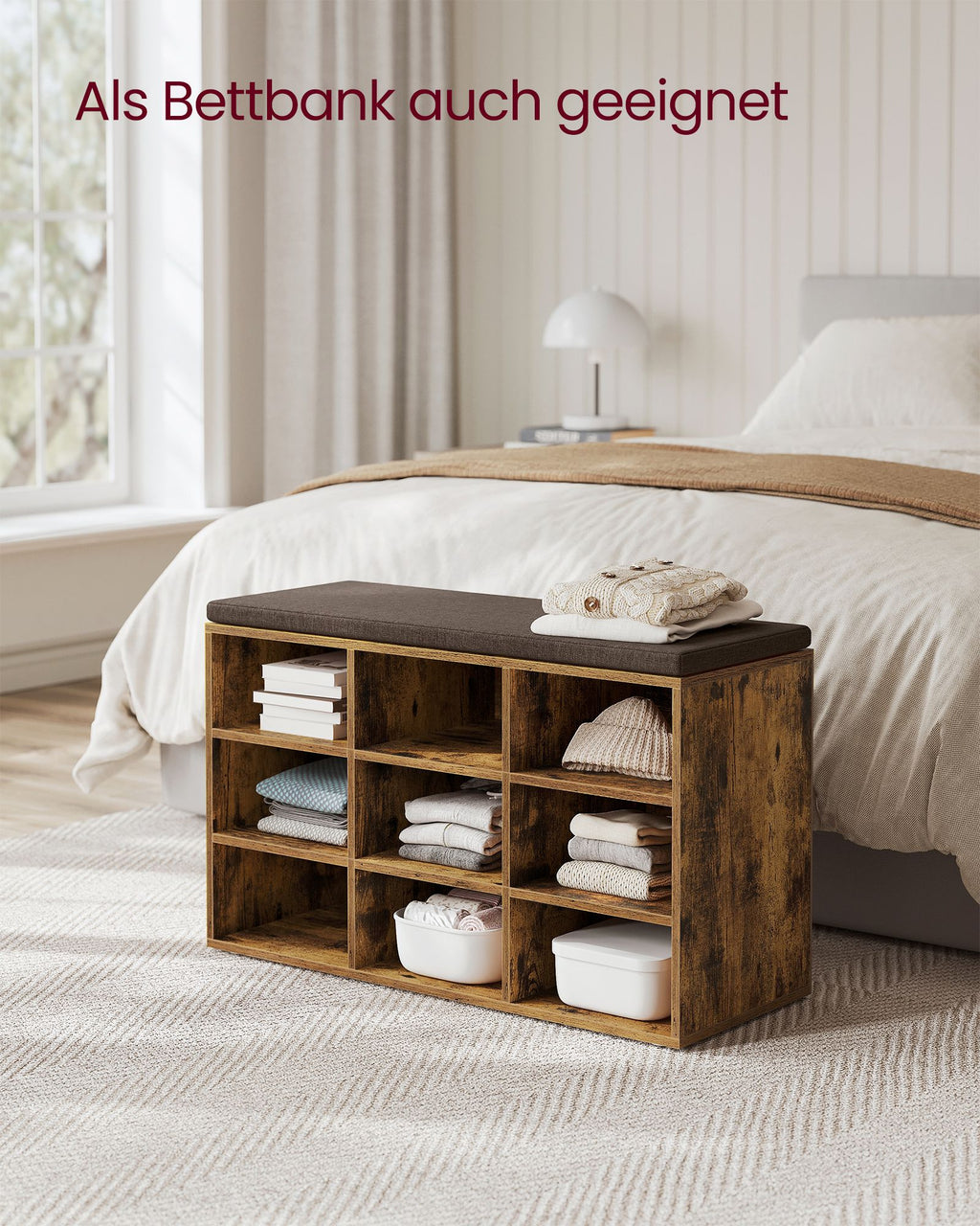 Opbergkisten – Schoenenbank met Opbergruimte – 9 Vakken – Verstelbare Planken – 30,3 x 78,5 x 48 cm – Spaanplaat – Schuim – Linnenlook Bekleding – Max. Belastbaarheid 136 kg