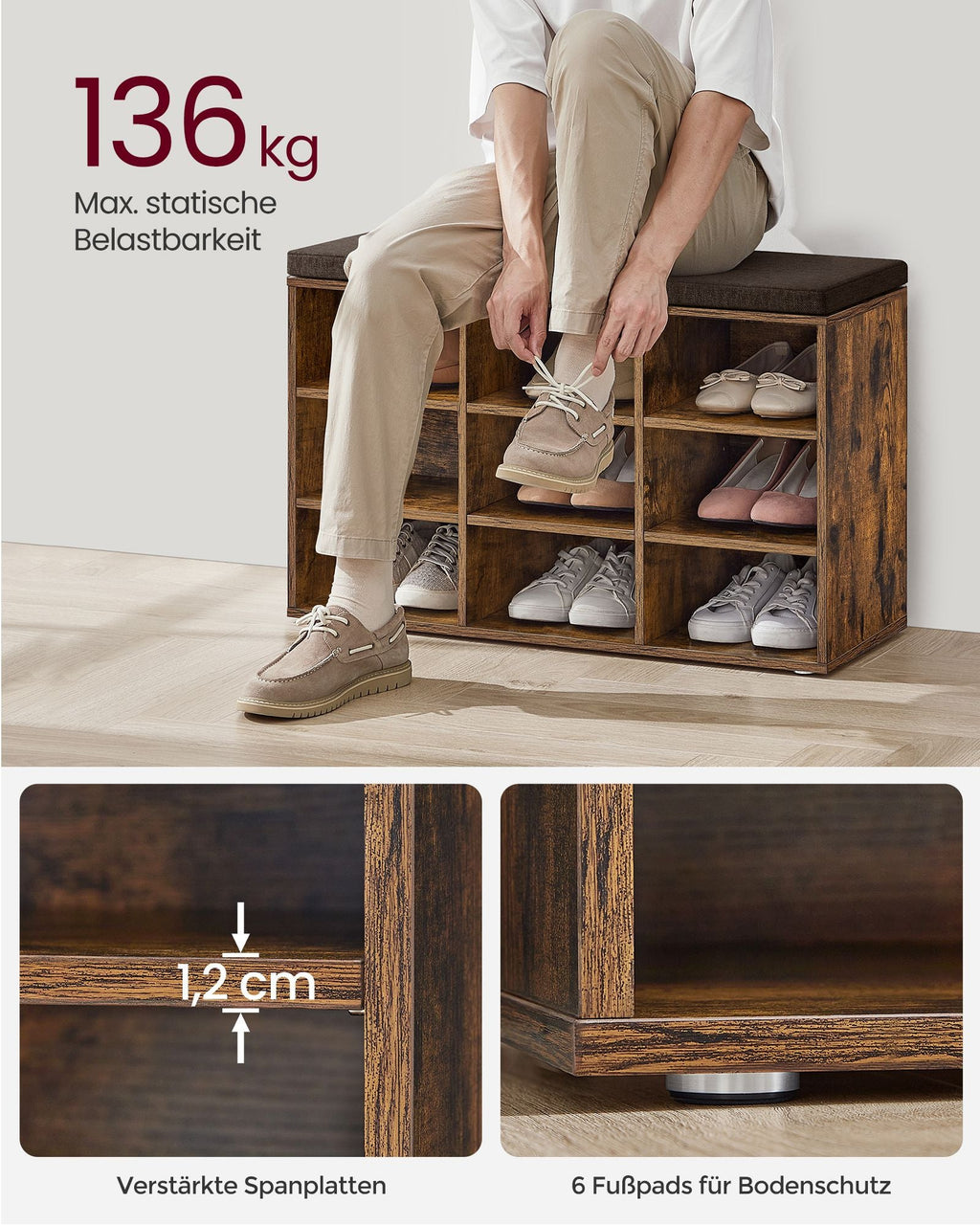 Opbergkisten – Schoenenbank met Opbergruimte – 9 Vakken – Verstelbare Planken – 30,3 x 78,5 x 48 cm – Spaanplaat – Schuim – Linnenlook Bekleding – Max. Belastbaarheid 136 kg