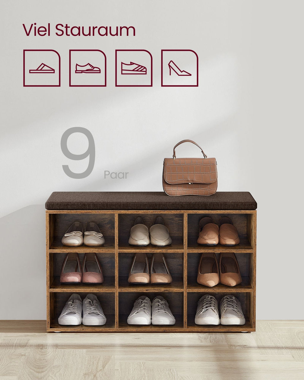 Opbergkisten – Schoenenbank met Opbergruimte – 9 Vakken – Verstelbare Planken – 30,3 x 78,5 x 48 cm – Spaanplaat – Schuim – Linnenlook Bekleding – Max. Belastbaarheid 136 kg