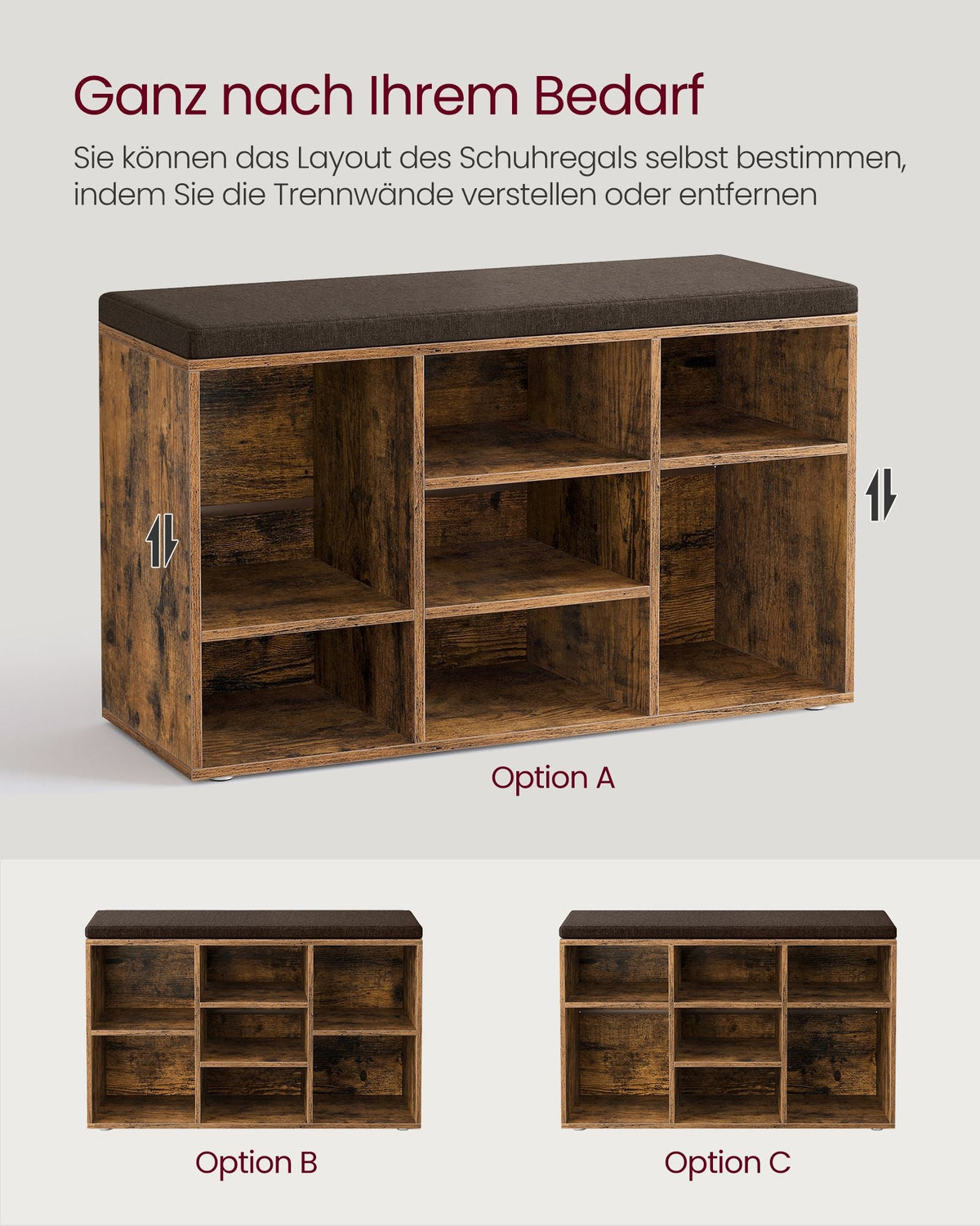 Opbergkisten – Schoenenbank met Opbergruimte – 9 Vakken – Verstelbare Planken – 30,3 x 78,5 x 48 cm – Spaanplaat – Schuim – Linnenlook Bekleding – Max. Belastbaarheid 136 kg