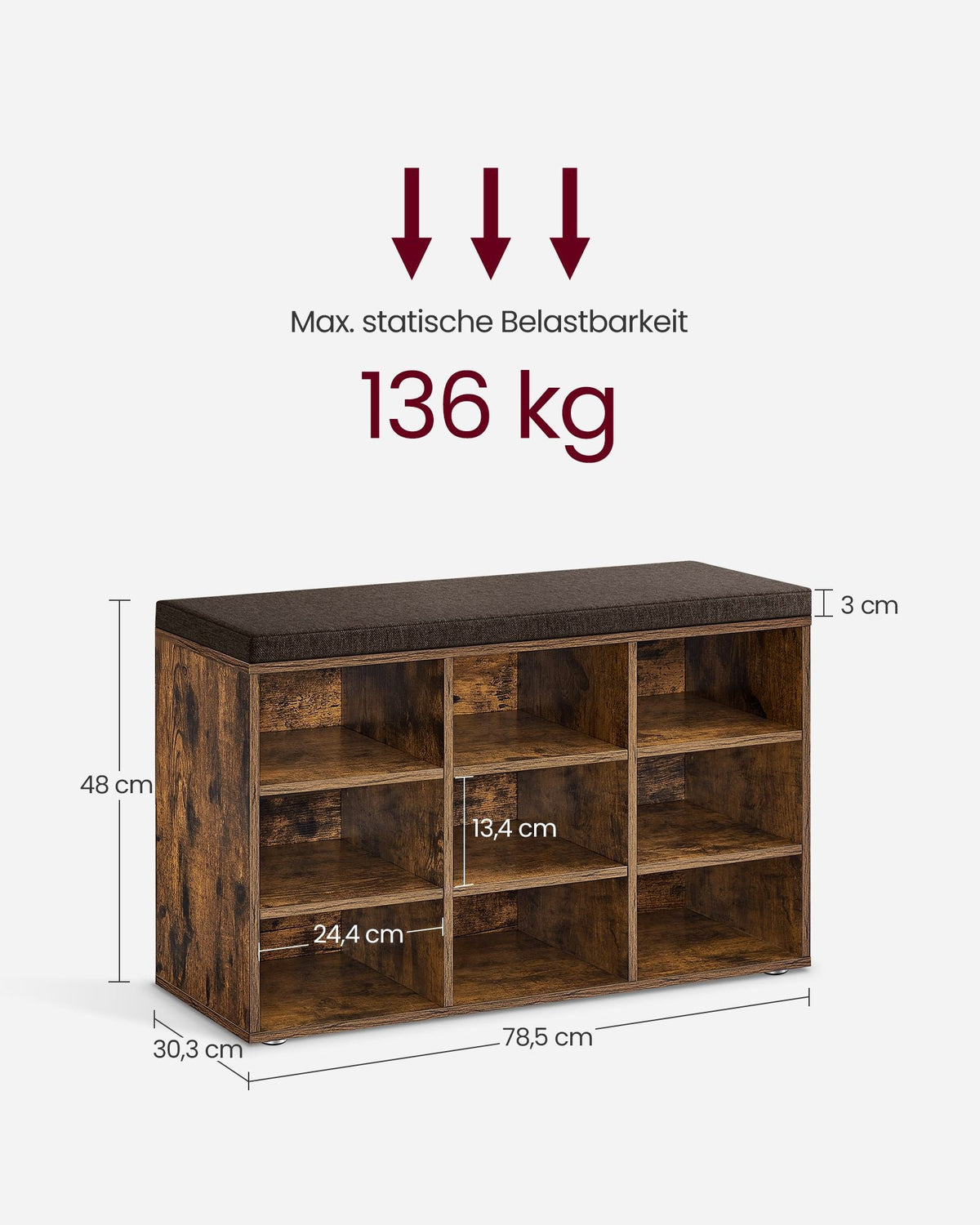 Opbergkisten – Schoenenbank met Opbergruimte – 9 Vakken – Verstelbare Planken – 30,3 x 78,5 x 48 cm – Spaanplaat – Schuim – Linnenlook Bekleding – Max. Belastbaarheid 136 kg