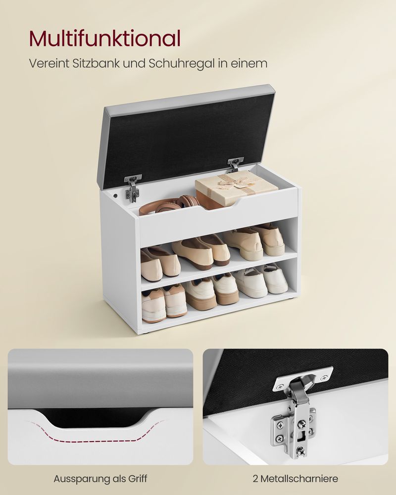 Opbergbank met Zitkussen – Schoenenbank met Klep en Vakken – 60 cm – Multifunctioneel & Comfortabel