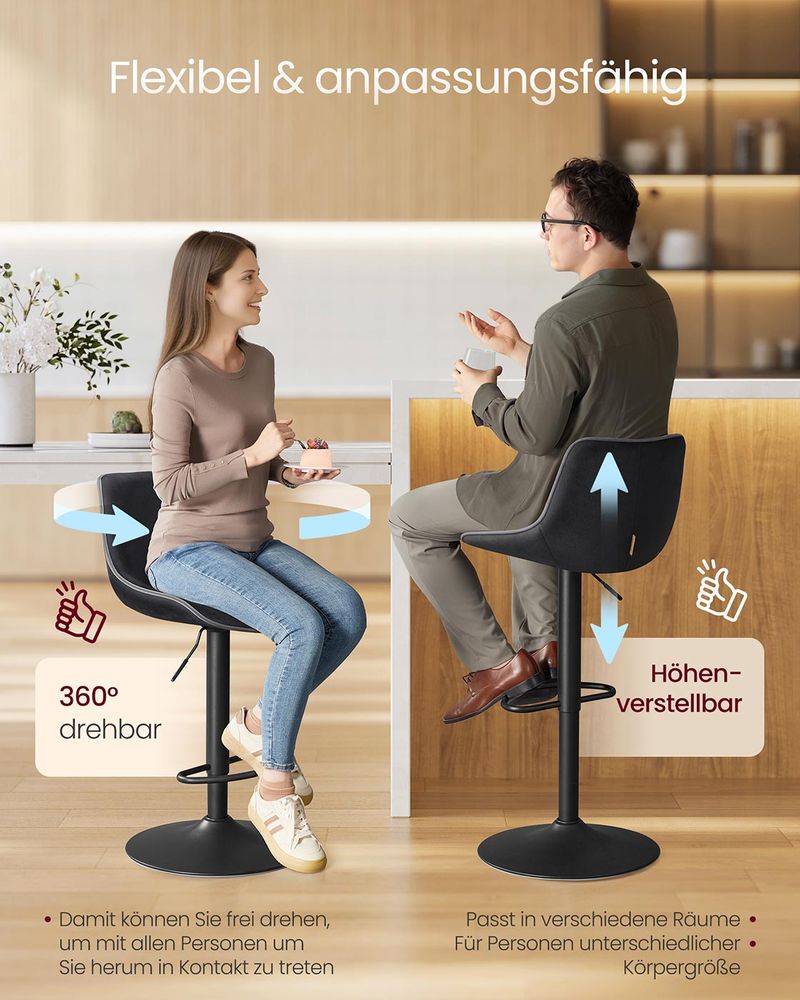 Set van 2 Barkrukken – Verstelbare Zithoogte – Fluwelen Bekleding – Ergonomisch Comfort – Stabiele Voet