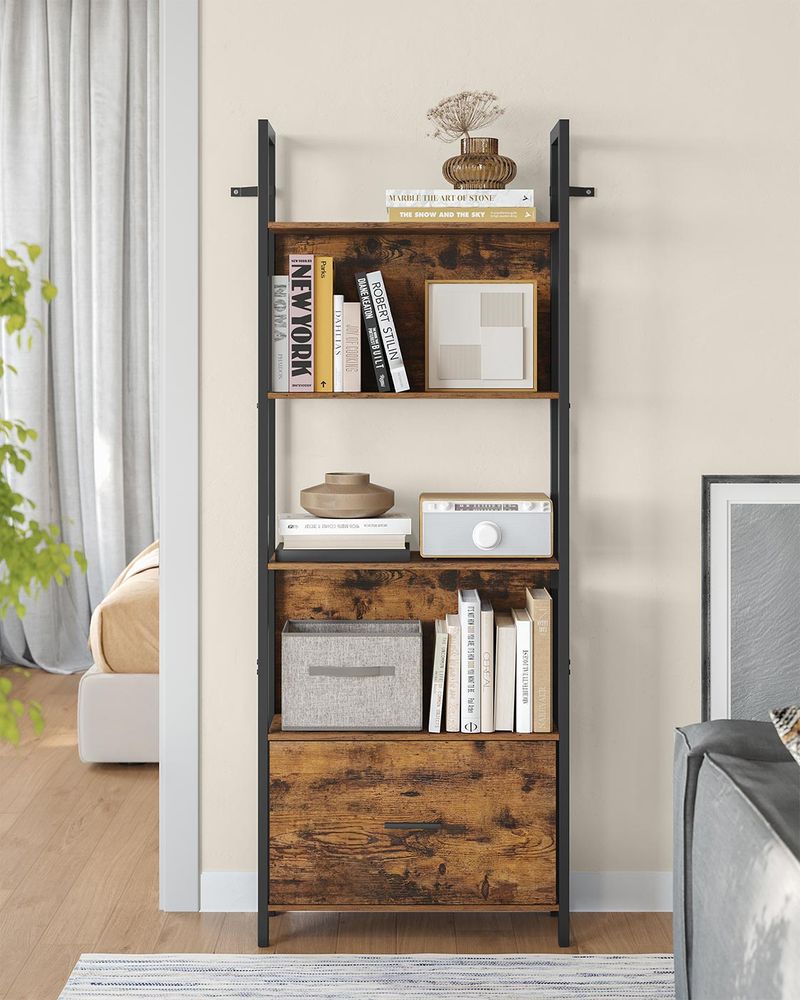 Boekenkast met Lade – Ladderplank Industrieel – Opbergkast met 5 Niveaus – 165 cm Hoog