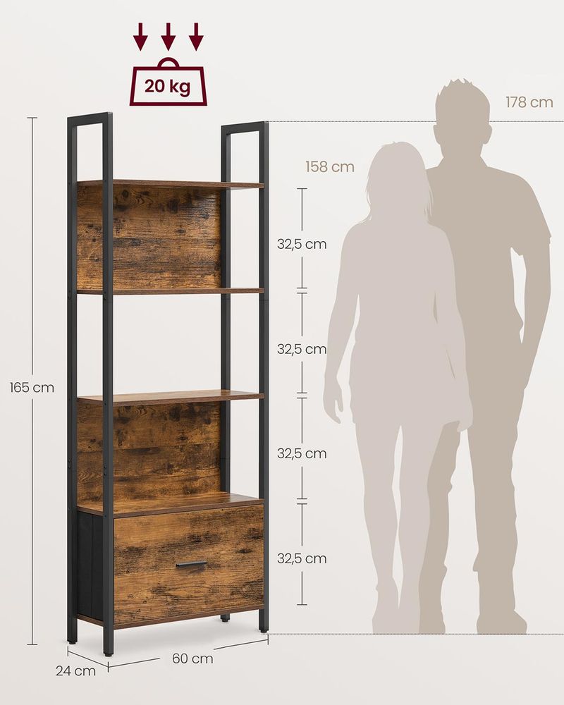 Boekenkast met Lade – Ladderplank Industrieel – Opbergkast met 5 Niveaus – 165 cm Hoog