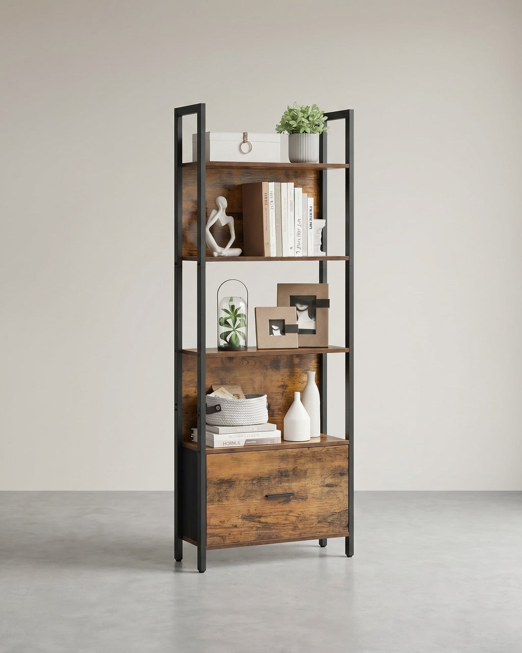 Boekenkast met Lade – Ladderplank Industrieel – Opbergkast met 5 Niveaus – 165 cm Hoog