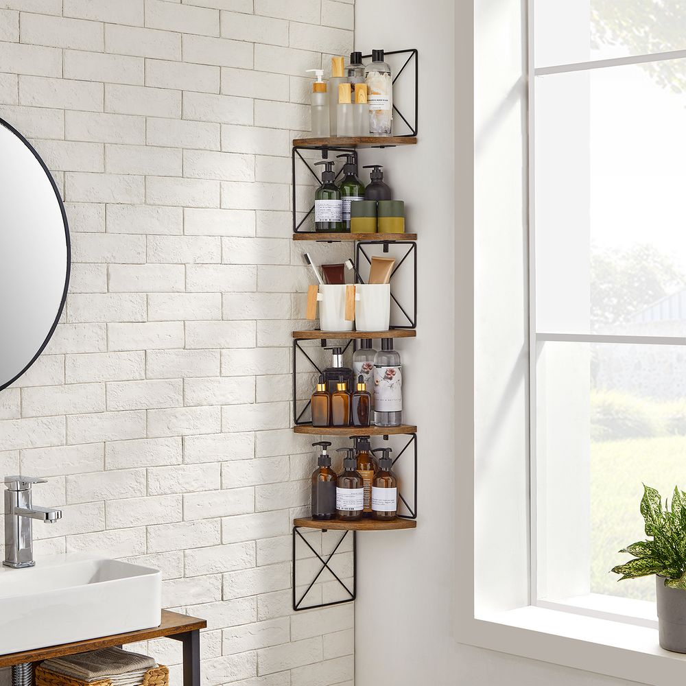 Wandgemonteerde Hoekplank – 5 Niveaus – Ziggzag Wandrek – 127,5 cm Hoog – Rustiek Bruin/Zwart – Ruimtebesparend