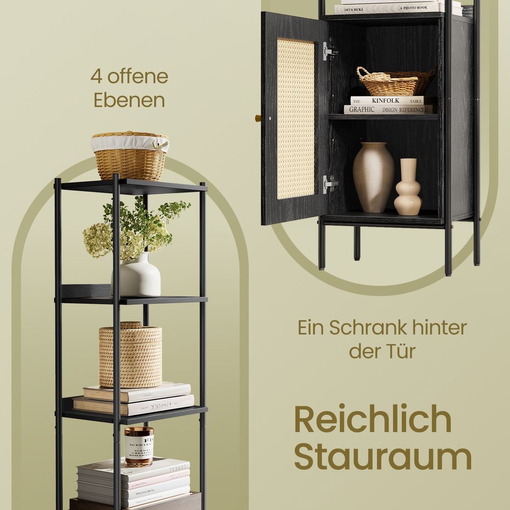 Boekenkast Smal met Rotan Deur – BOHO Stijl – 174 cm Hoog – Staand Open Kastmeubel – Tot 60 kg