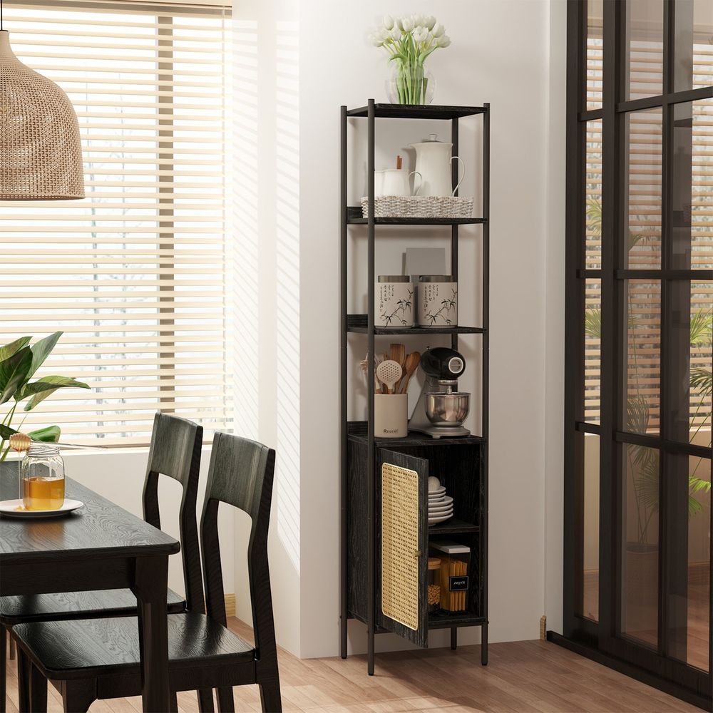 Boekenkast Smal met Rotan Deur – BOHO Stijl – 174 cm Hoog – Staand Open Kastmeubel – Tot 60 kg