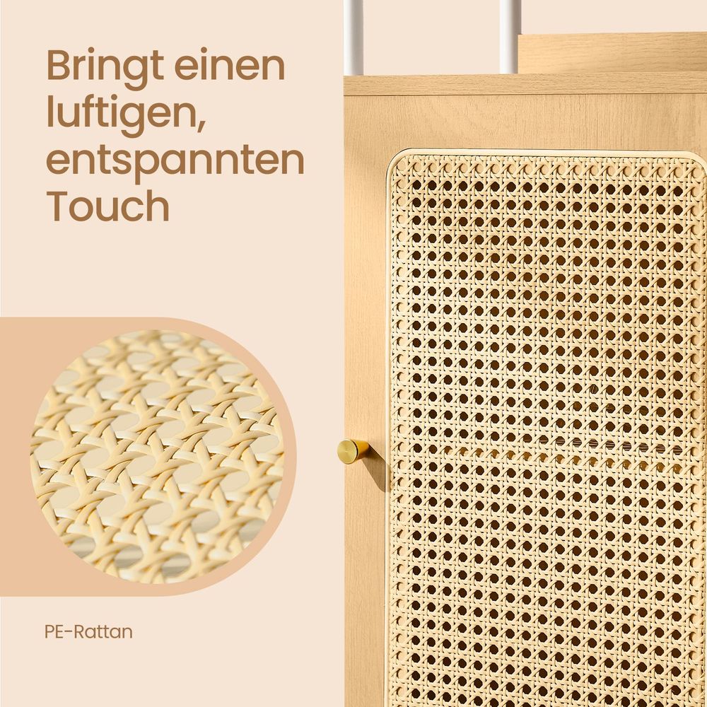 Boekenkast Smal met Rotan Deur – BOHO Stijl – 174 cm Hoog – Staand Open Kastmeubel – Tot 60 kg