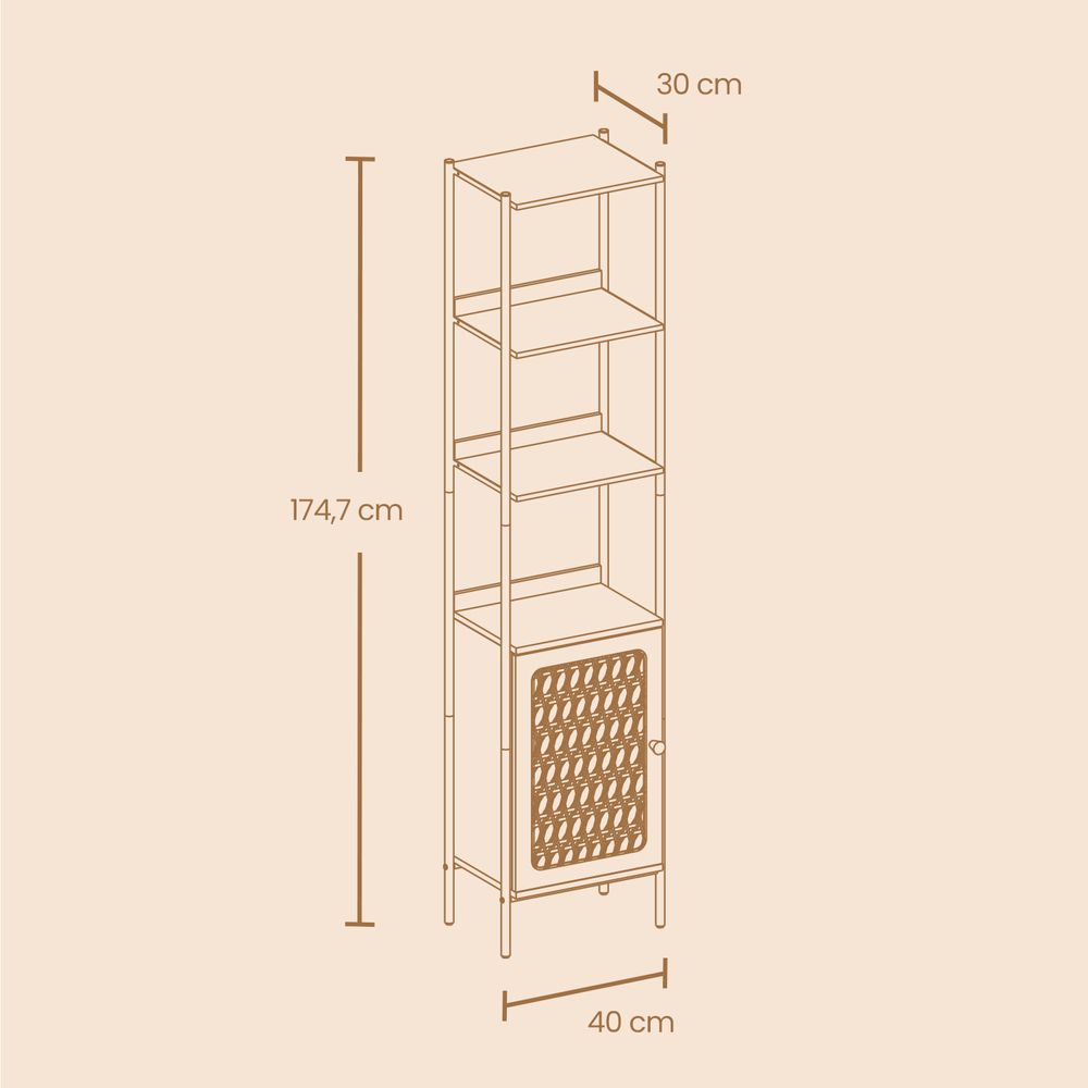 Boekenkast Smal met Rotan Deur – BOHO Stijl – 174 cm Hoog – Staand Open Kastmeubel – Tot 60 kg