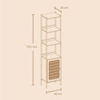 Boekenkast Smal met Rotan Deur – BOHO Stijl – 174 cm Hoog – Staand Open Kastmeubel – Tot 60 kg