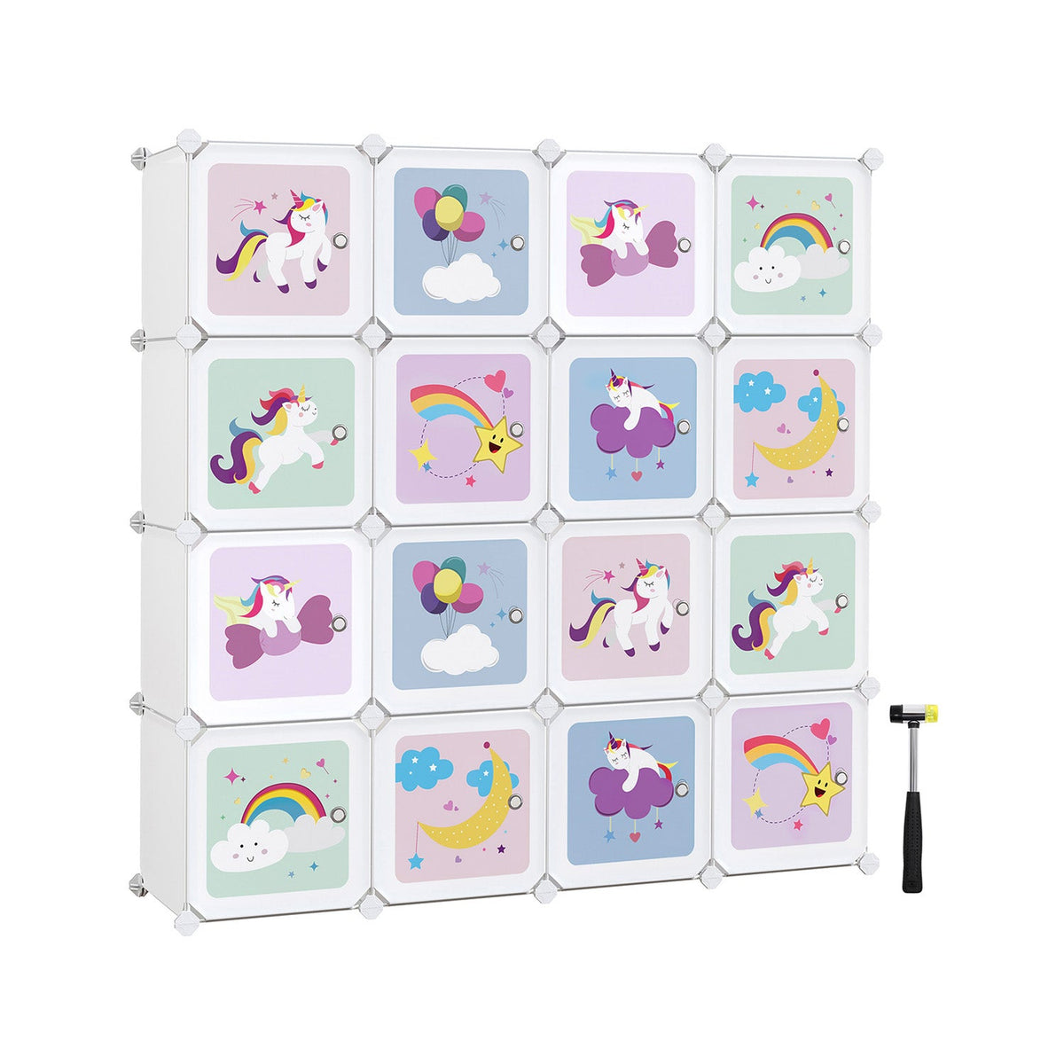 Kinder Boekenkast met 16 Kubussen – Opbergkast met Deuren – 123 x 31 x 123 cm – Sprookjesdesign