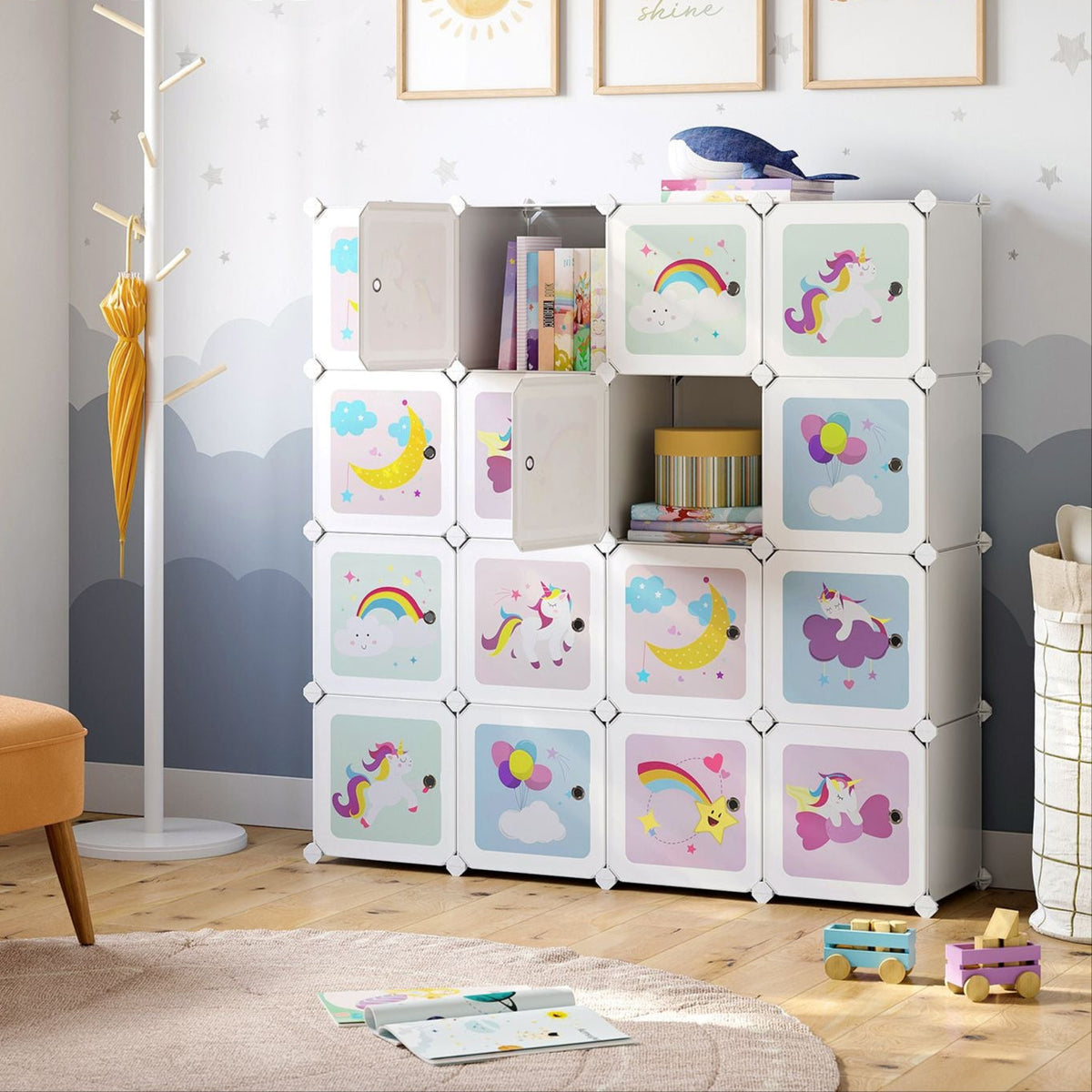 Kinder Boekenkast met 16 Kubussen – Opbergkast met Deuren – 123 x 31 x 123 cm – Sprookjesdesign