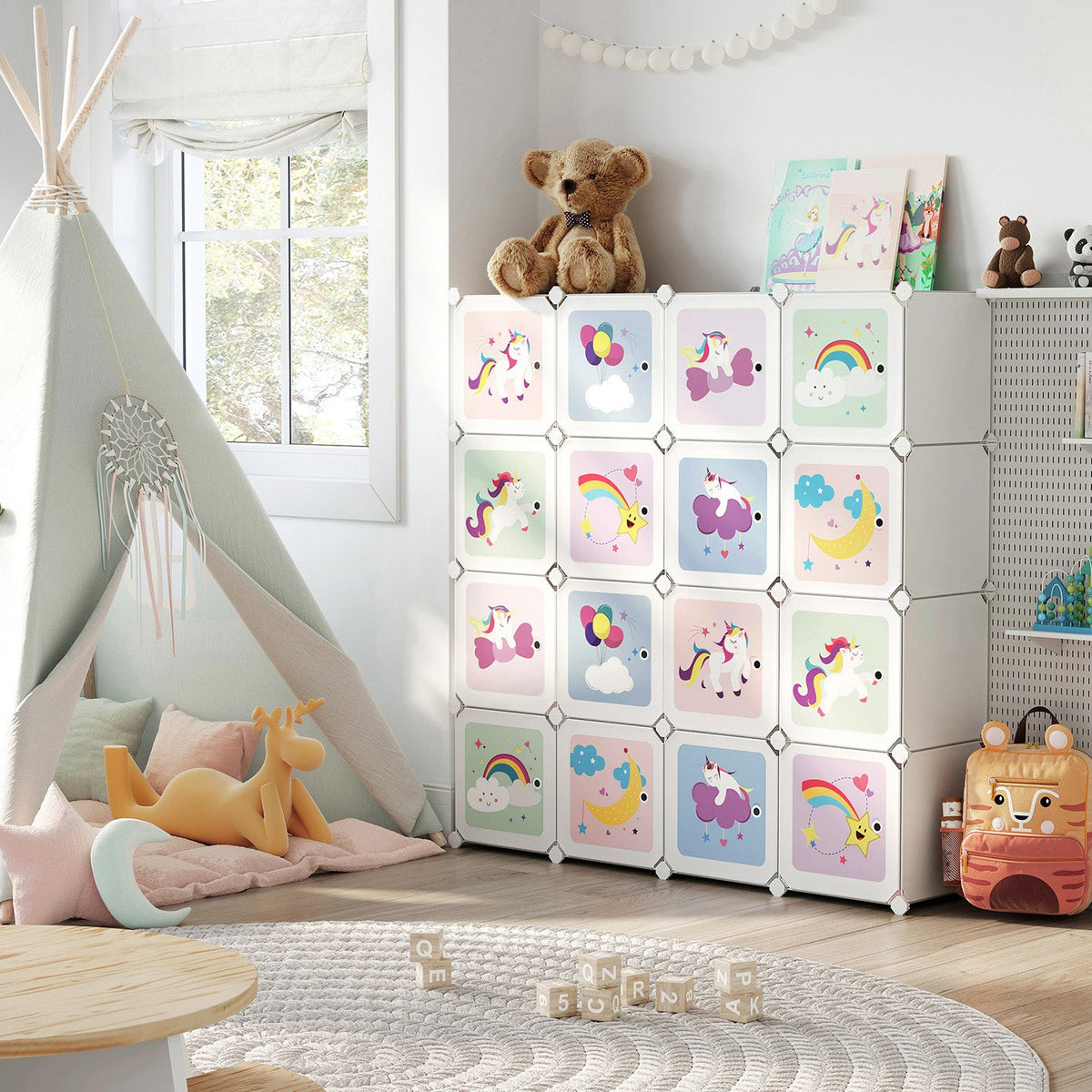 Kinder Boekenkast met 16 Kubussen – Opbergkast met Deuren – 123 x 31 x 123 cm – Sprookjesdesign