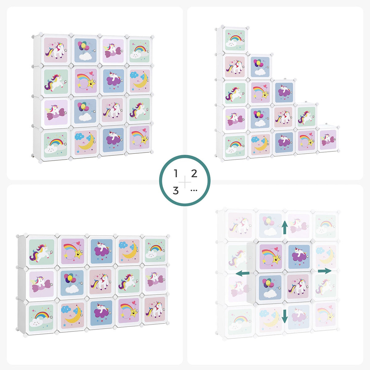 Kinder Boekenkast met 16 Kubussen – Opbergkast met Deuren – 123 x 31 x 123 cm – Sprookjesdesign