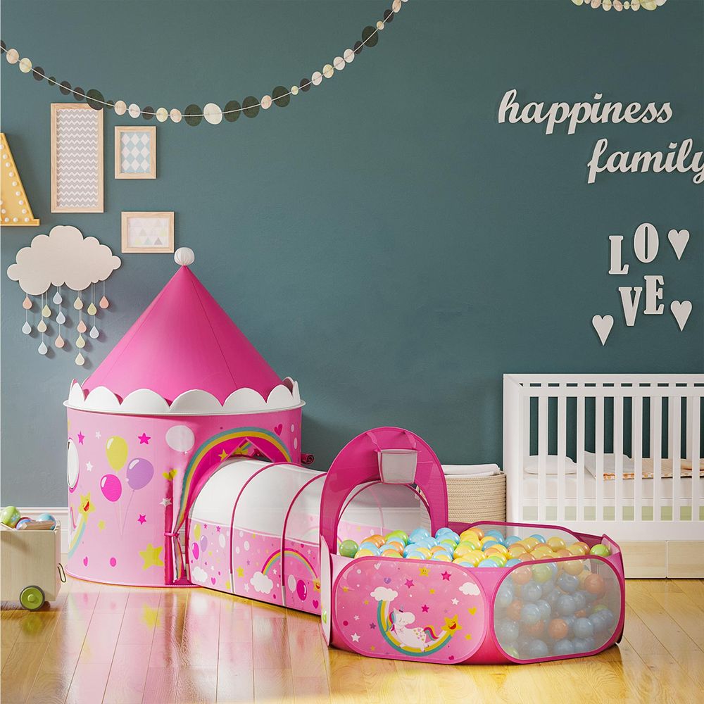 3-in-1 Speeltent Voor Kinderen – Met Tunnel En Ballenbak – Prinsessenkasteel Met Basketbalring – Opvouwbaar En Inclusief Draagtas