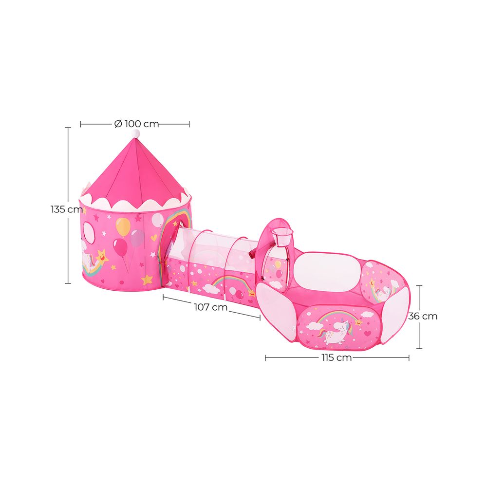 3-in-1 Speeltent Voor Kinderen – Met Tunnel En Ballenbak – Prinsessenkasteel Met Basketbalring – Opvouwbaar En Inclusief Draagtas