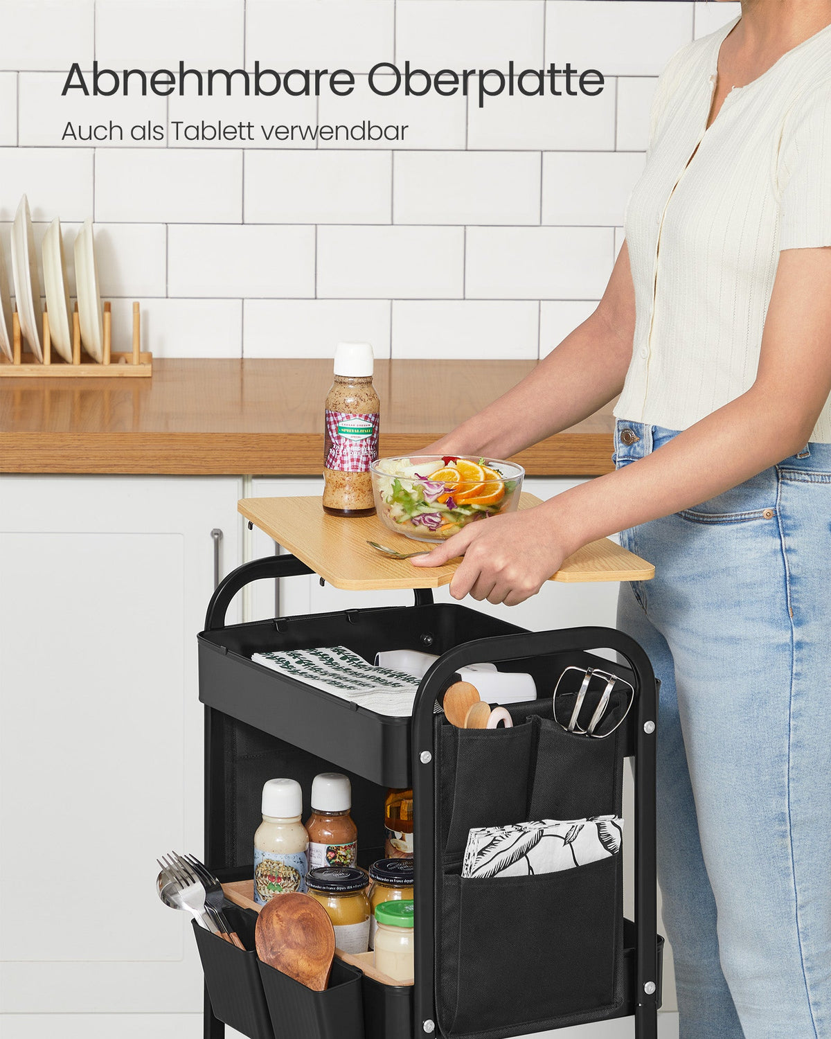 Keukentrolley – Serveerwagen met 3 Draadplanken – 2 Afneembare Hangbakken – Staal – Draagkracht 30 kg