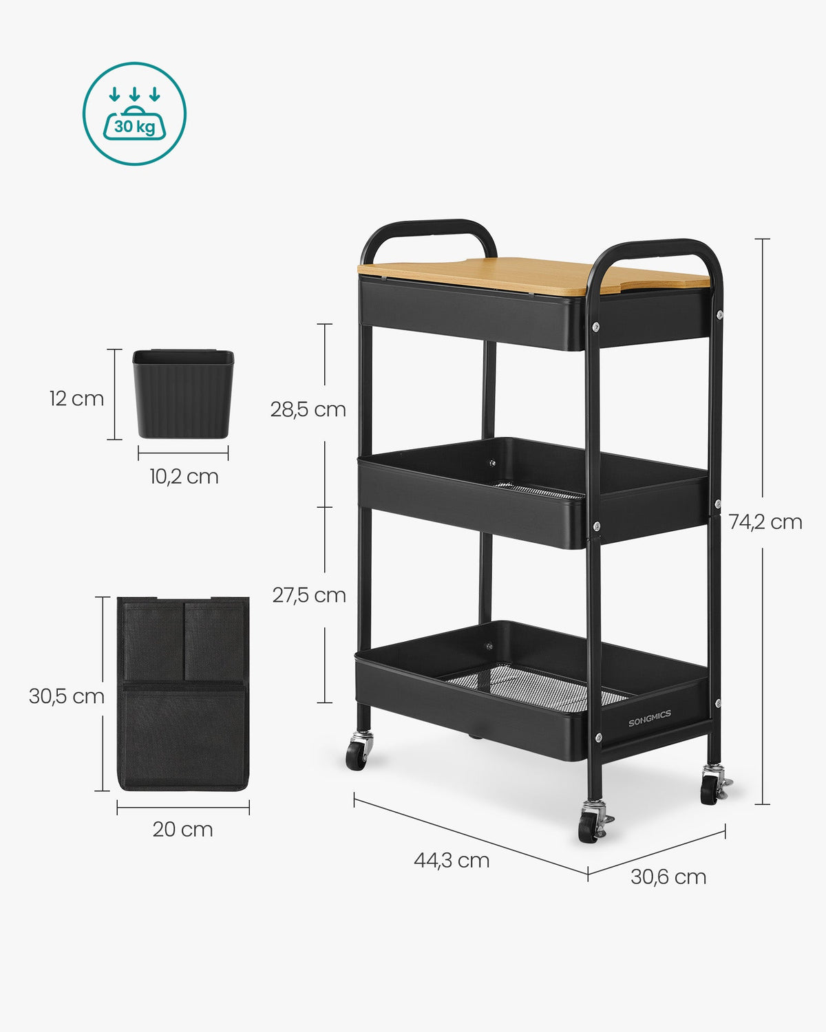 Keukentrolley – Serveerwagen met 3 Draadplanken – 2 Afneembare Hangbakken – Staal – Draagkracht 30 kg