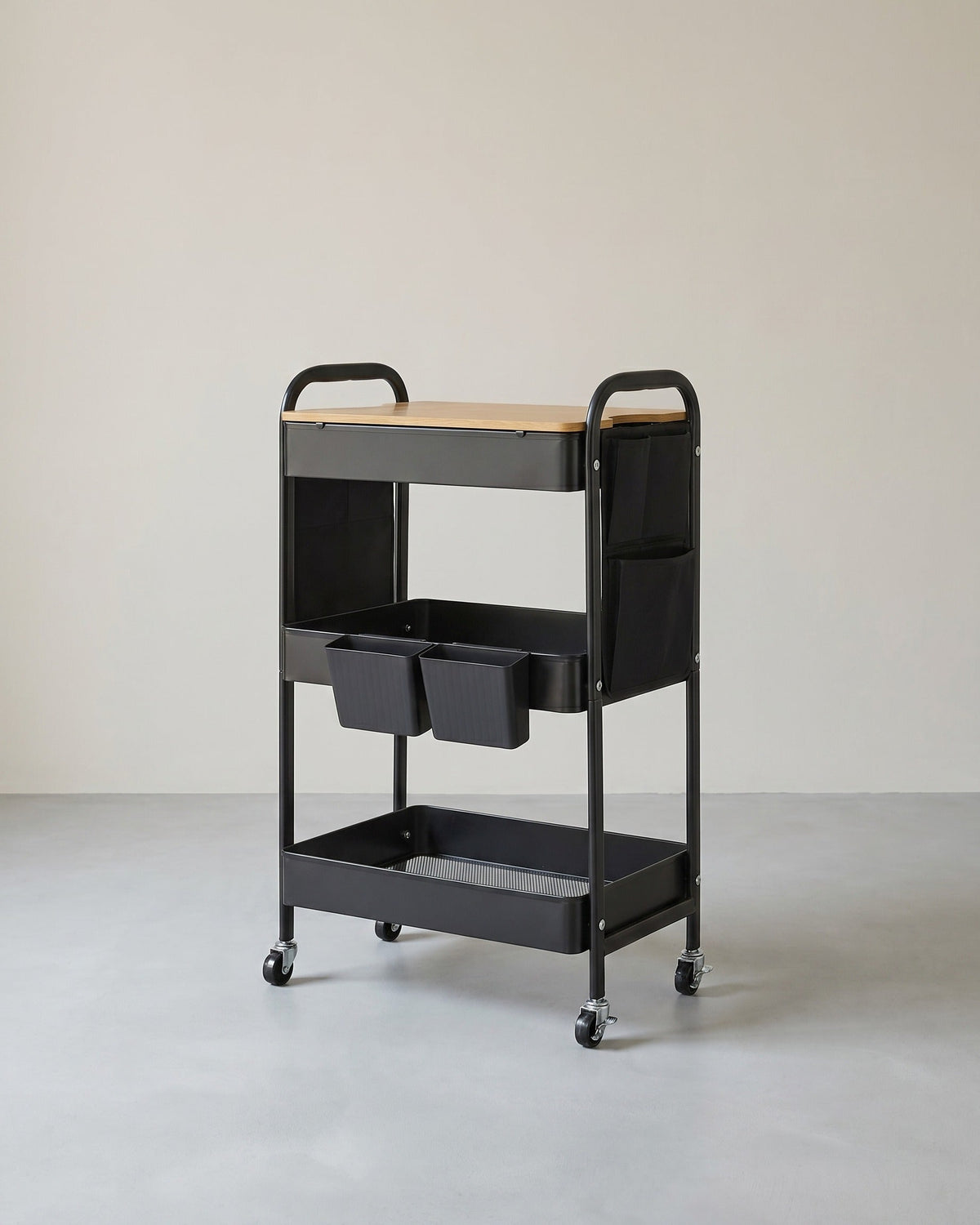 Keukentrolley – Serveerwagen met 3 Draadplanken – 2 Afneembare Hangbakken – Staal – Draagkracht 30 kg