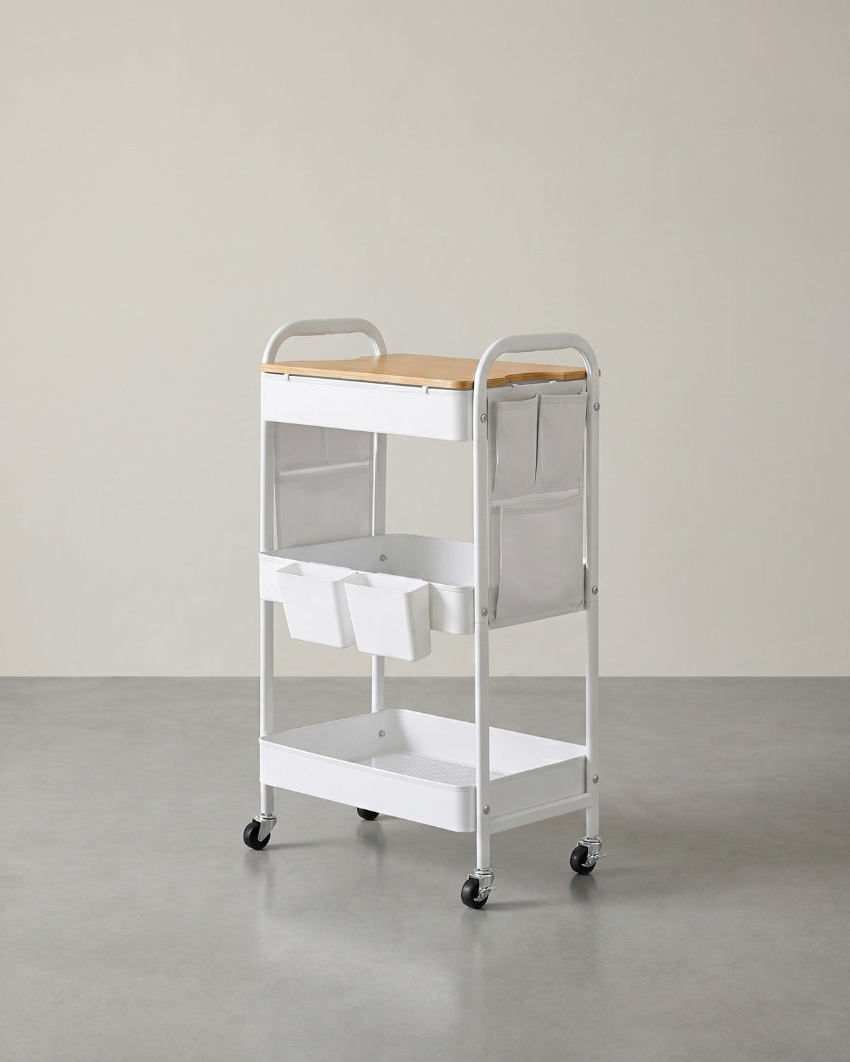 Keukentrolley – Serveerwagen met 3 Draadplanken – 2 Afneembare Hangbakken – Staal – Draagkracht 30 kg