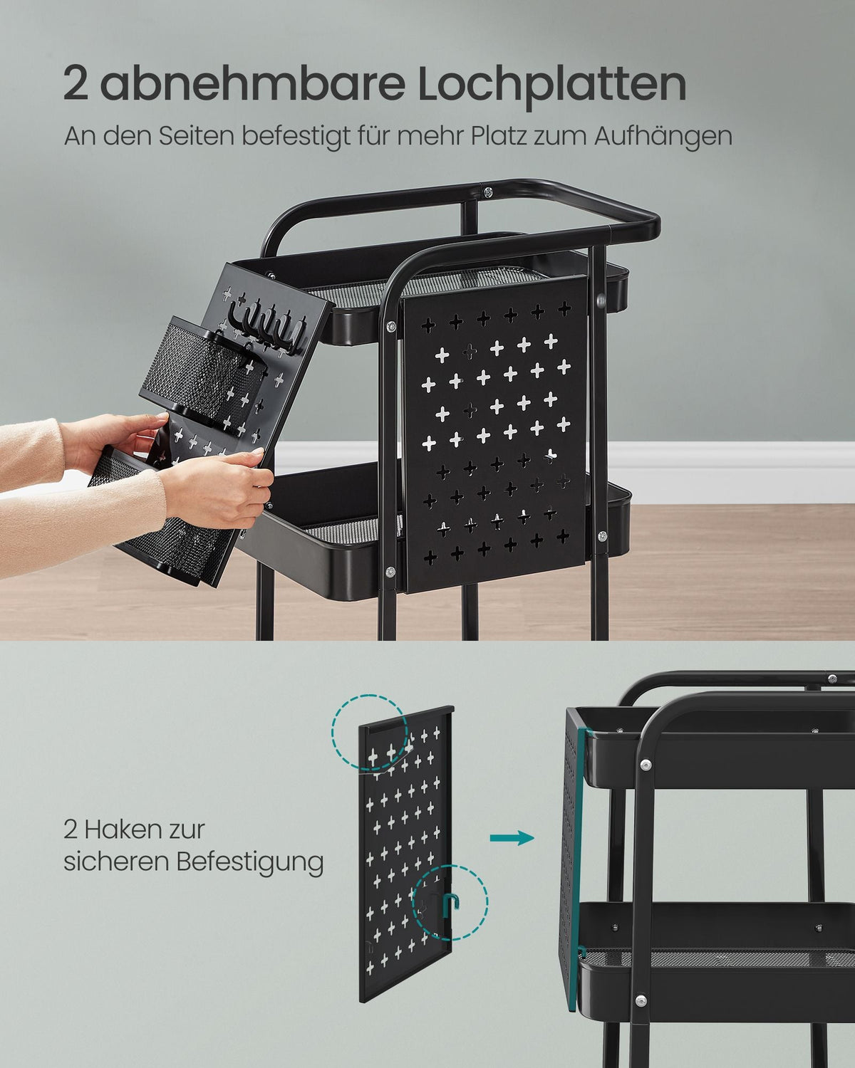 Keukentrolley – Serveerwagen met 3 Gaasplanken – 2 Prikborden – 4 Haken – Staal