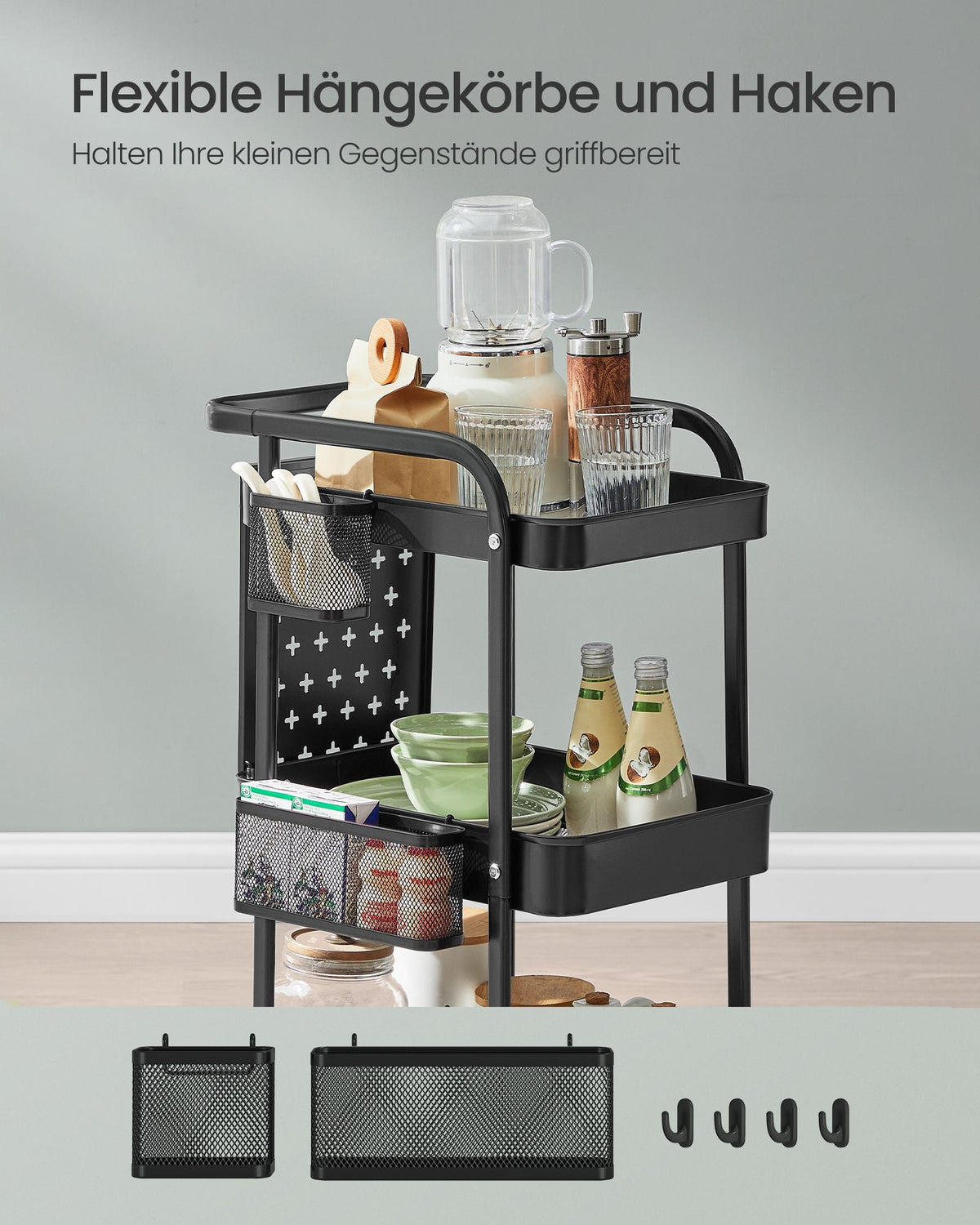Keukentrolley – Serveerwagen met 3 Gaasplanken – 2 Prikborden – 4 Haken – Staal