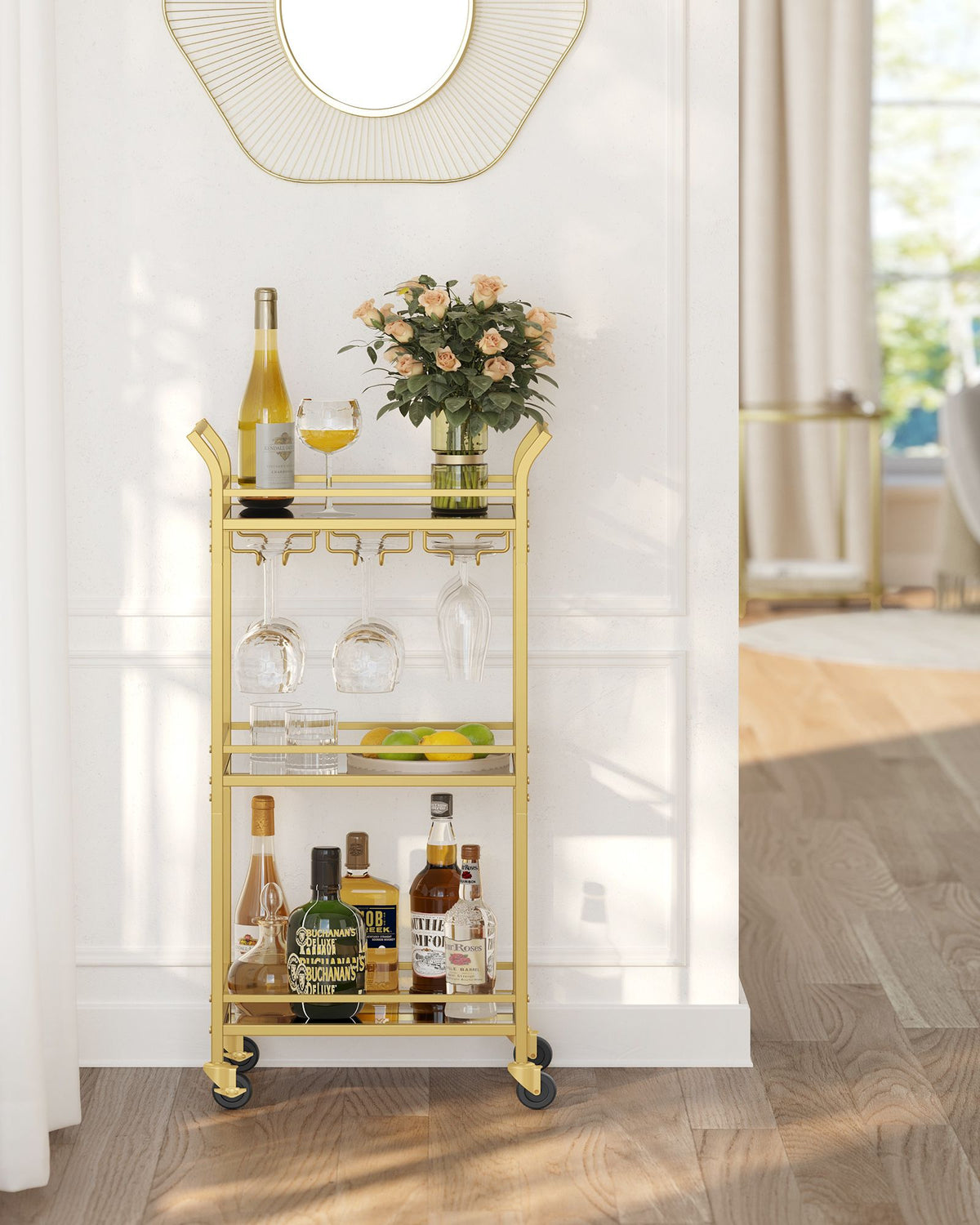 Keukentrolley – Serveerwagen Drielaags op Wielen – Spiegelende Glazen Planken – Voor Keuken, Eetkamer en Bar