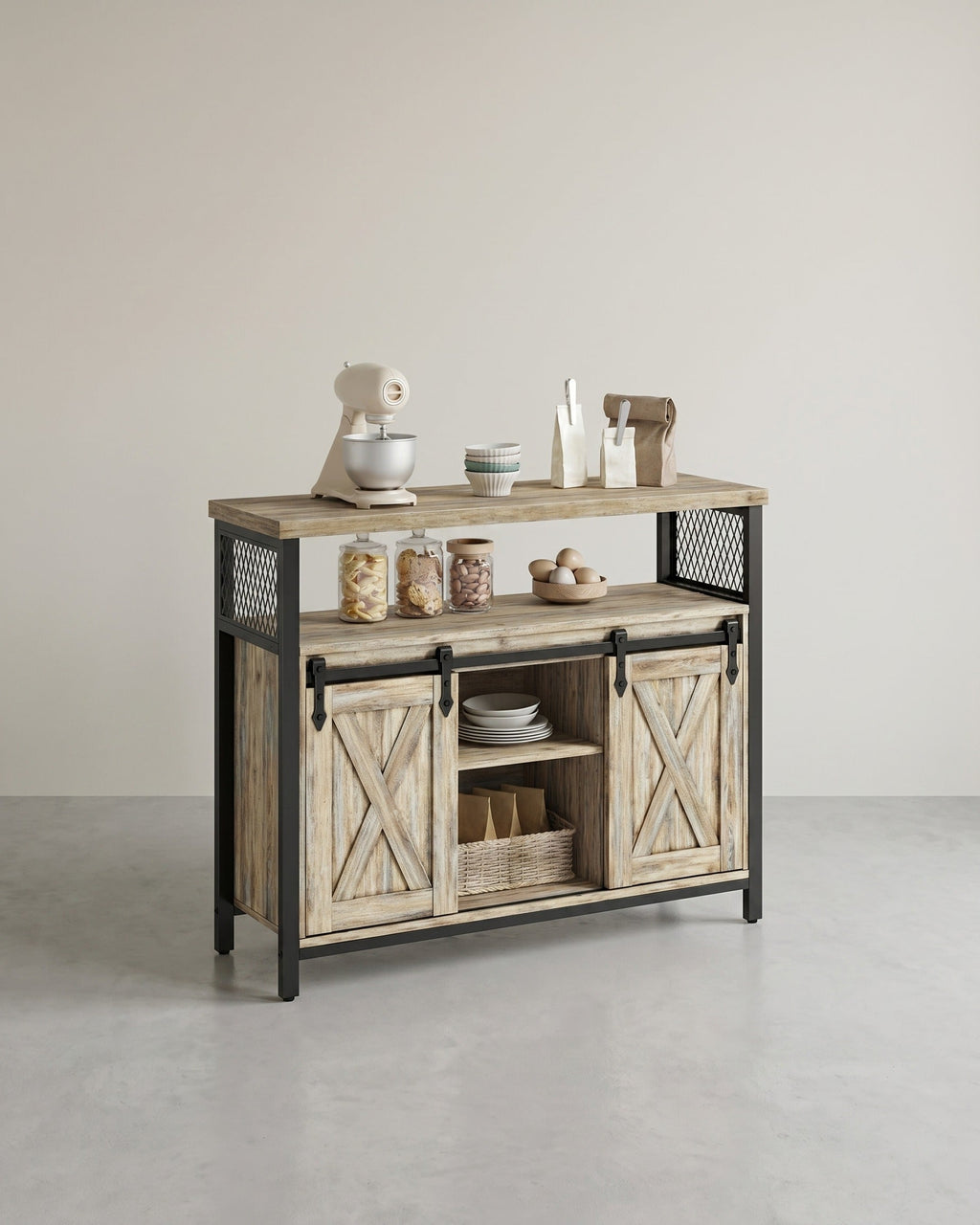 Dressoir met Schuifdeuren - Kast 100 cm breed - Vintage Bruin & Zwart