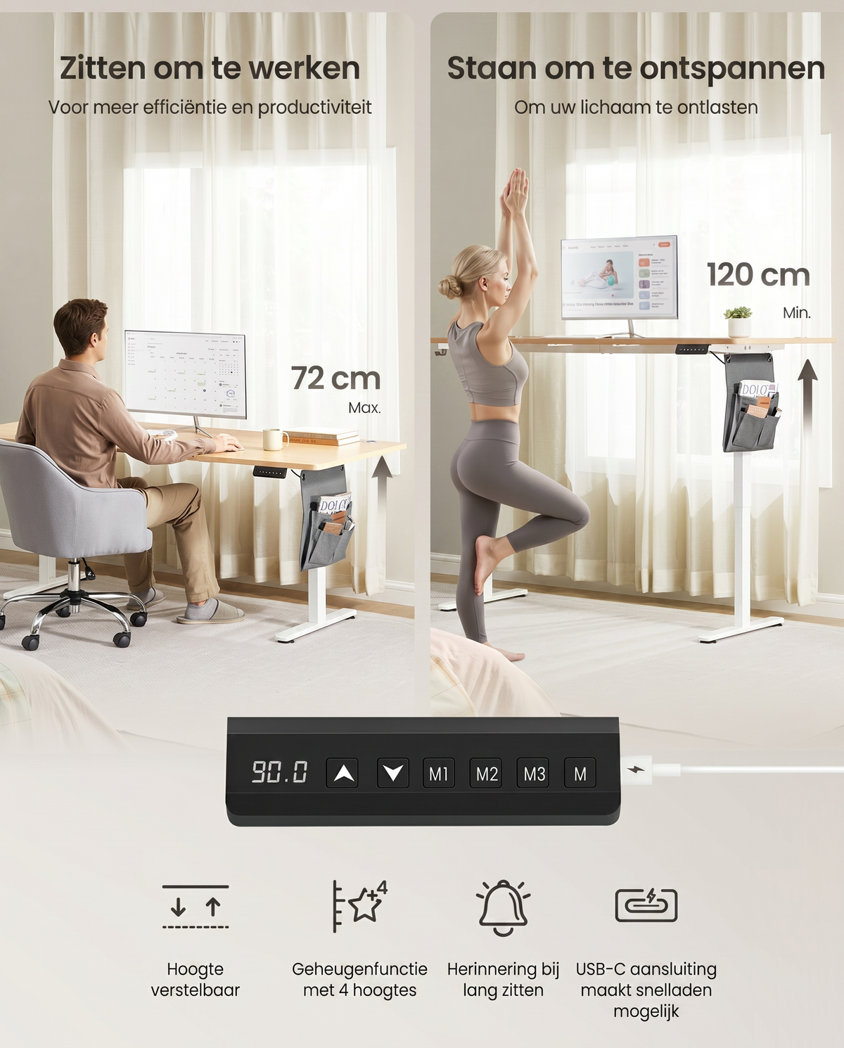 Zit Sta Bureau Elektrisch 180 x 80 cm – In Hoogte Verstelbaar – 4 Geheugenstanden – USB-C – Kabelbeheer