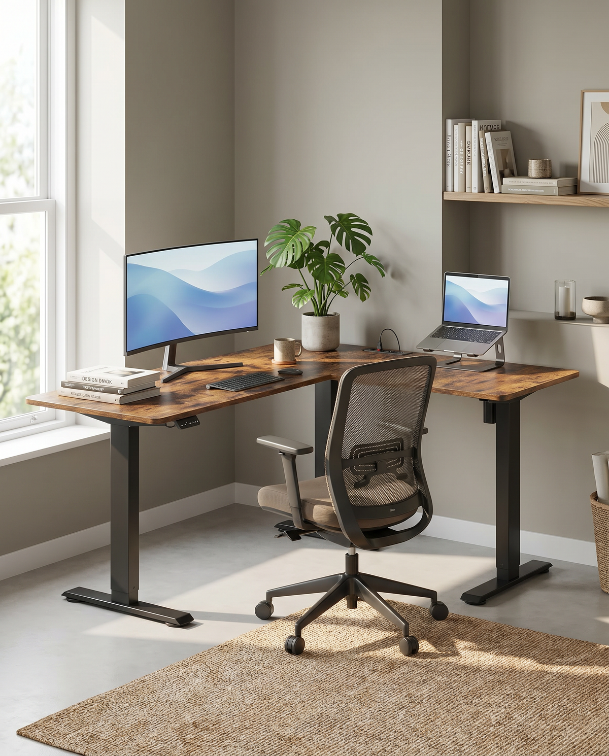 Zit Sta Hoekbureau Elektrisch – L-Vormig 140 x 160 cm – In Hoogte Verstelbaar – Stopcontact & USB – Geheugenfunctie