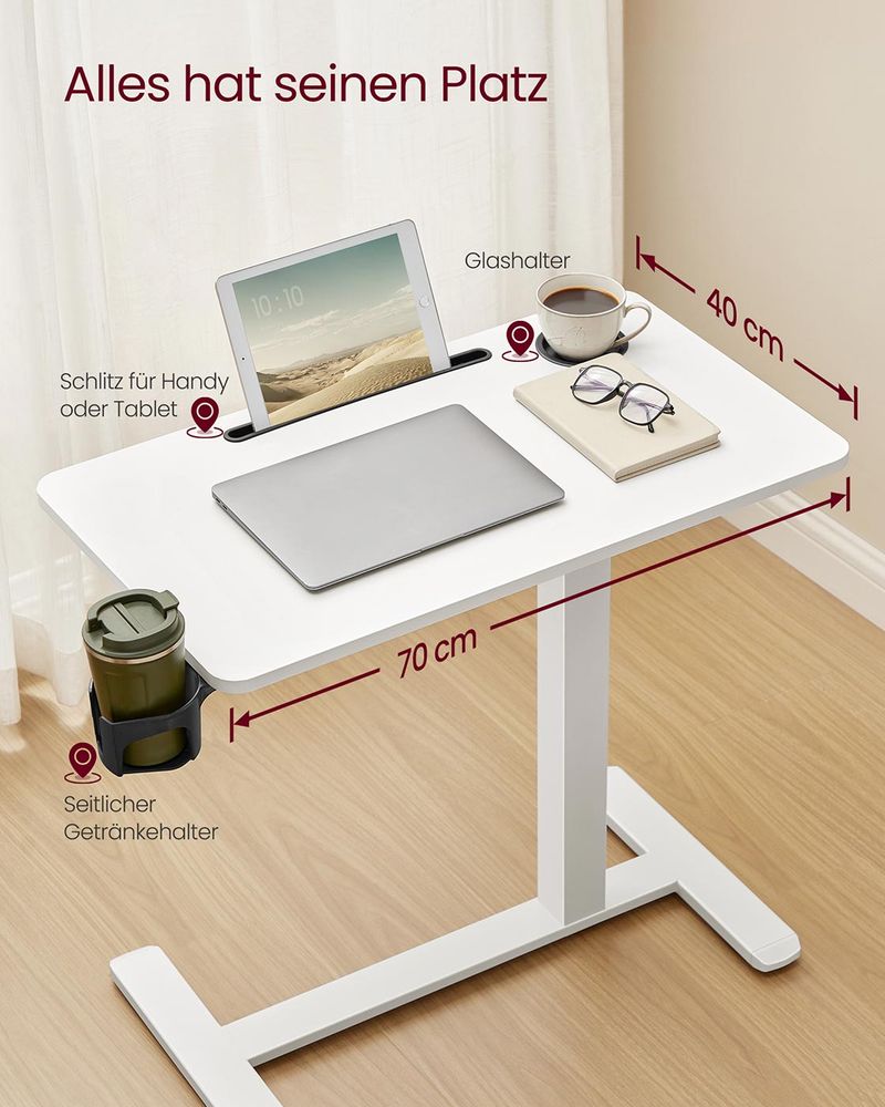 Bijzettafel Verstelbaar met Wielen – Hoogte 65-102 cm – Wit – Multifunctioneel