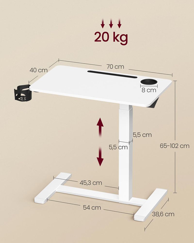 Bijzettafel Verstelbaar met Wielen – Hoogte 65-102 cm – Wit – Multifunctioneel