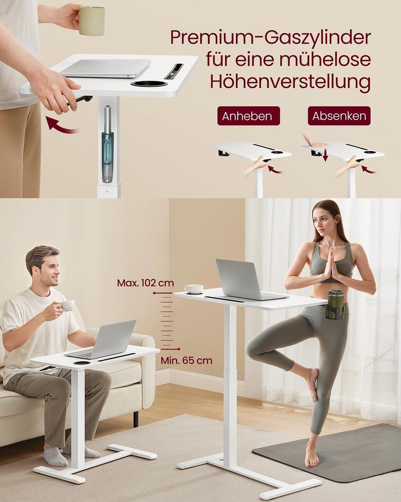 Bijzettafel Verstelbaar met Wielen – Hoogte 65-102 cm – Wit – Multifunctioneel