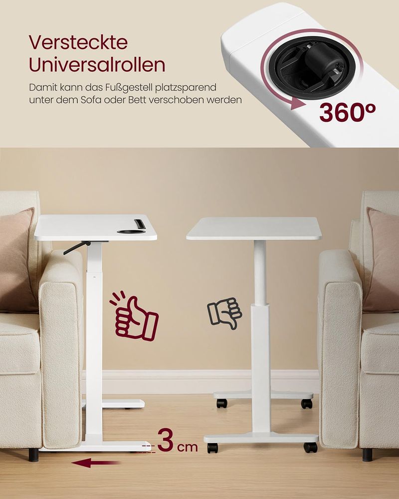 Bijzettafel Verstelbaar met Wielen – Hoogte 65-102 cm – Wit – Multifunctioneel