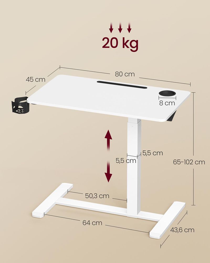 Bijzettafel Verstelbaar met Wielen – Hoogte 65-102 cm – Wit – Multifunctioneel