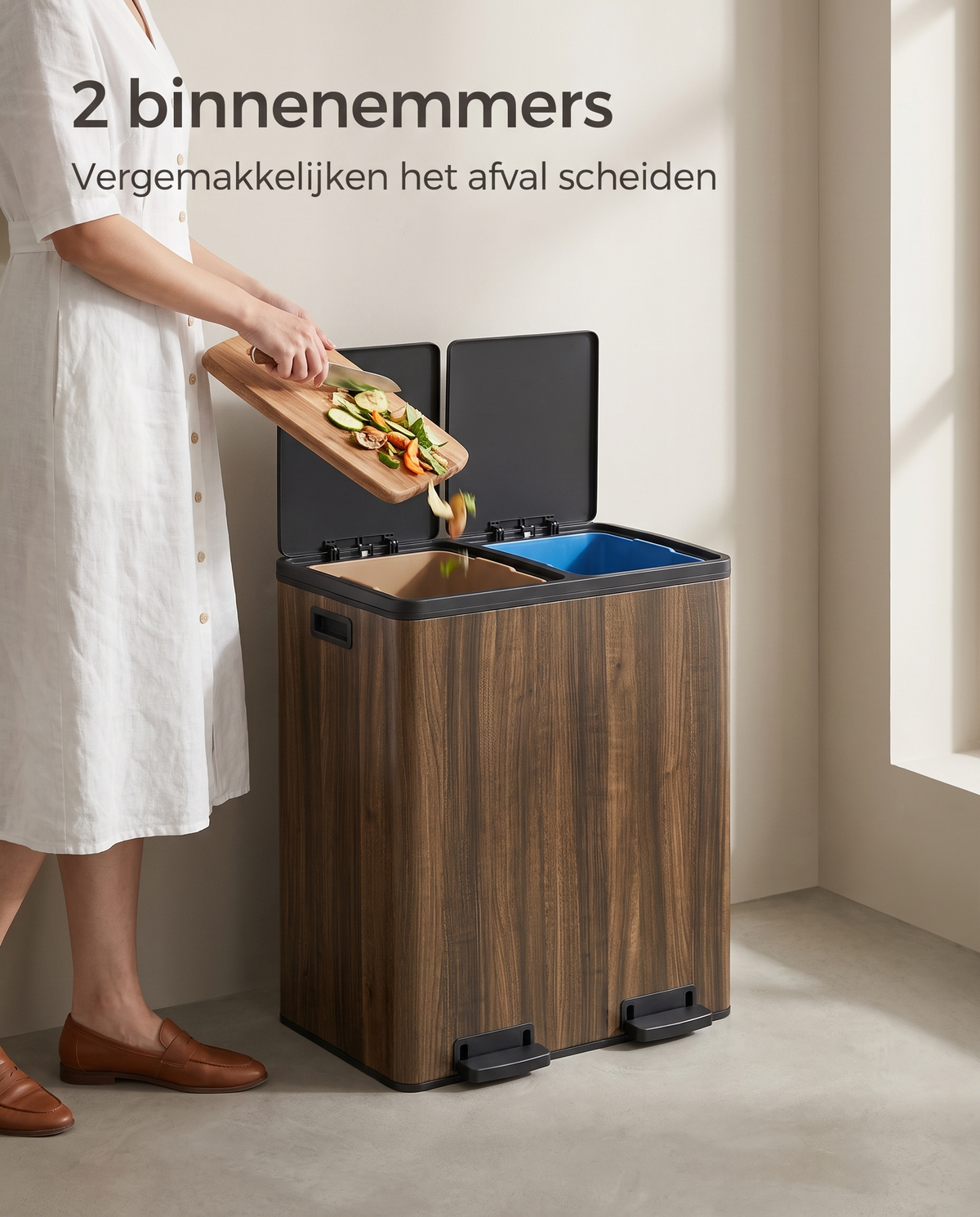 Prullenbak met 2 Vakken - 60 Liter Afvalbak Gescheiden - Pedaalemmer - Afvalscheiding