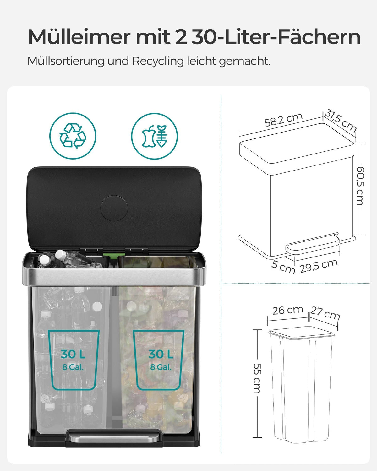 Afvalscheiding Prullenbak 2 x 30 L - Pedaalemmer Met 2 Vakken - Voor Keuken