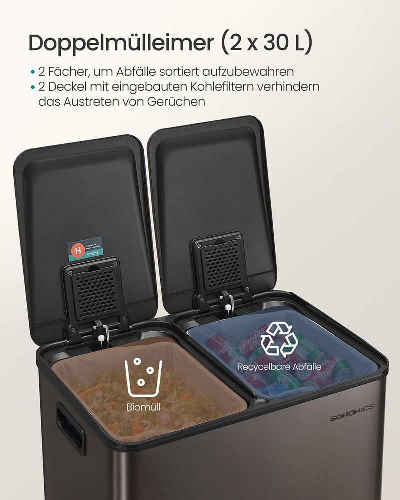 Dubbele Prullenbak 2 x 30L – Staal – Met Pedalen & Uitneembare Binnenemmers