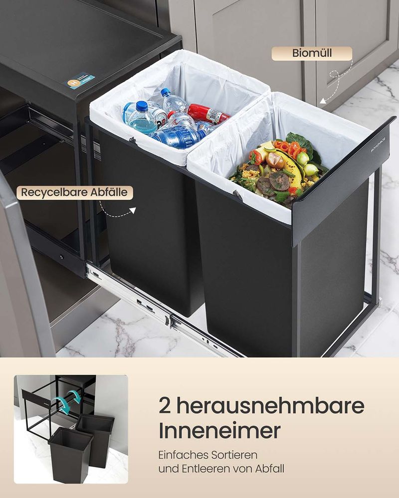 Uitschuifbare inbouwprullenbak – 2 vakken – Soft-Close – Afvalscheiding