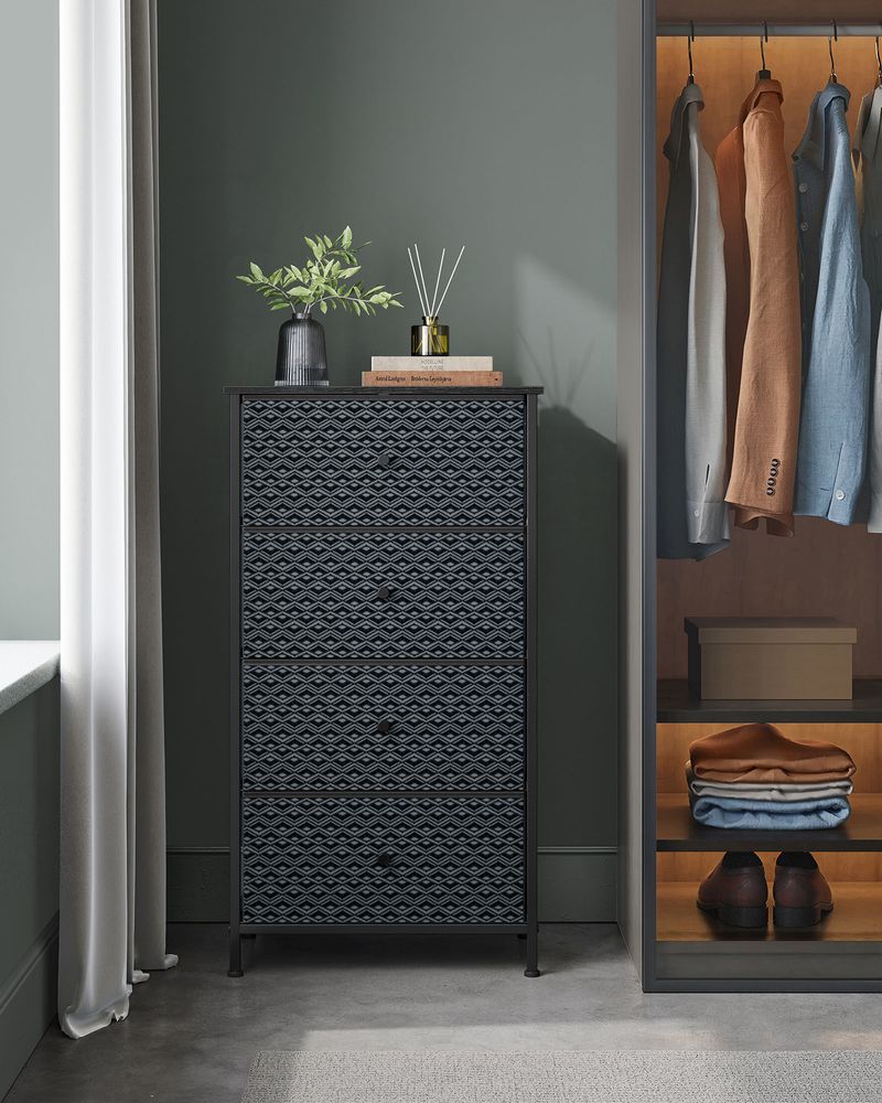 Ladekast Zwart-Wit – Opbergkast met 5 Stoffen Lades – Geometrisch Design – Metalen Frame – 99 cm Hoog – Tot 63,5 kg Draagvermogen