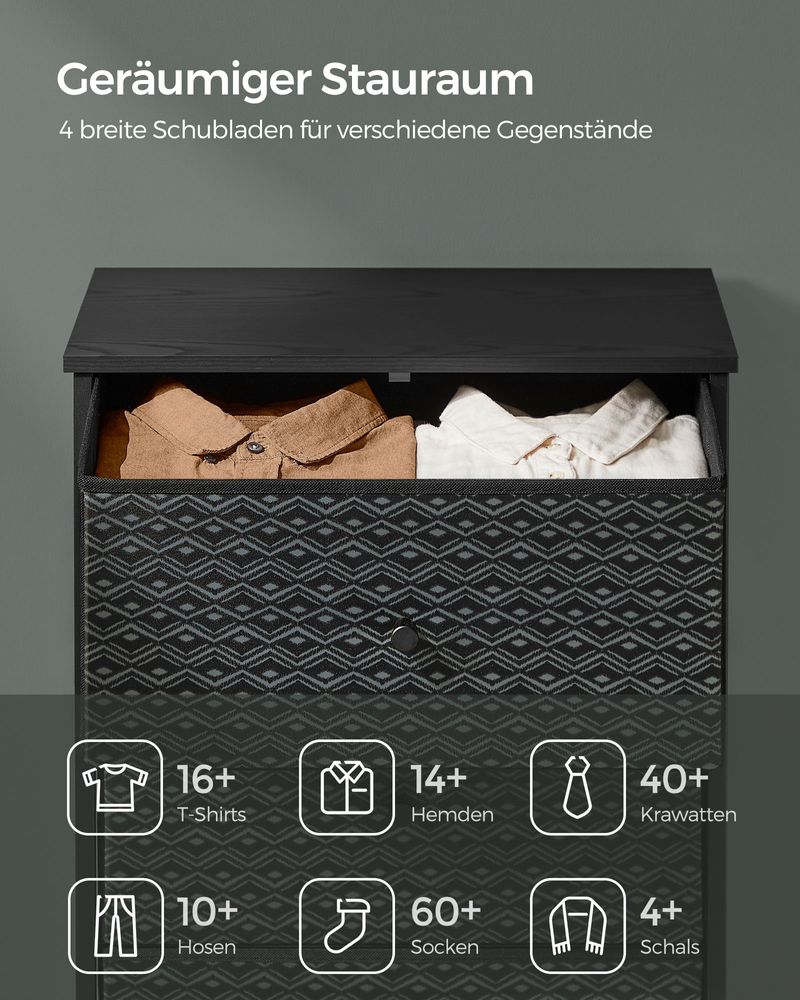 Ladekast Zwart-Wit – Opbergkast met 5 Stoffen Lades – Geometrisch Design – Metalen Frame – 99 cm Hoog – Tot 63,5 kg Draagvermogen