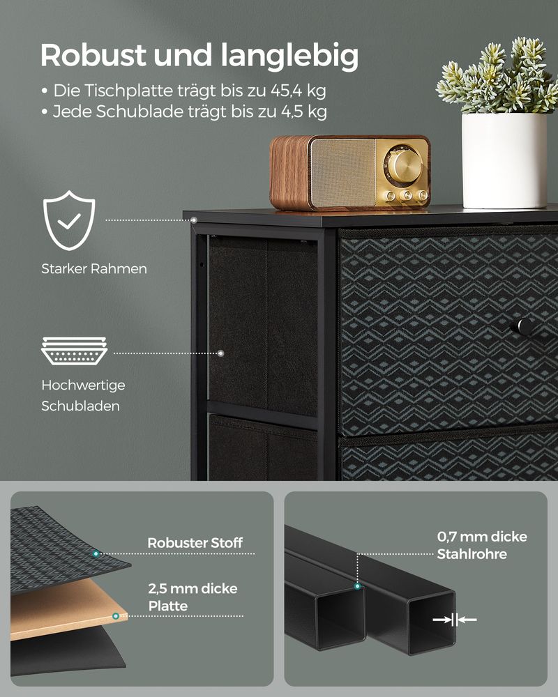 Ladekast Zwart-Wit – Opbergkast met 5 Stoffen Lades – Geometrisch Design – Metalen Frame – 99 cm Hoog – Tot 63,5 kg Draagvermogen