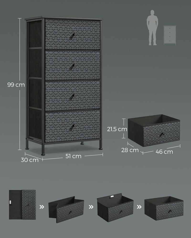 Ladekast Zwart-Wit – Opbergkast met 5 Stoffen Lades – Geometrisch Design – Metalen Frame – 99 cm Hoog – Tot 63,5 kg Draagvermogen