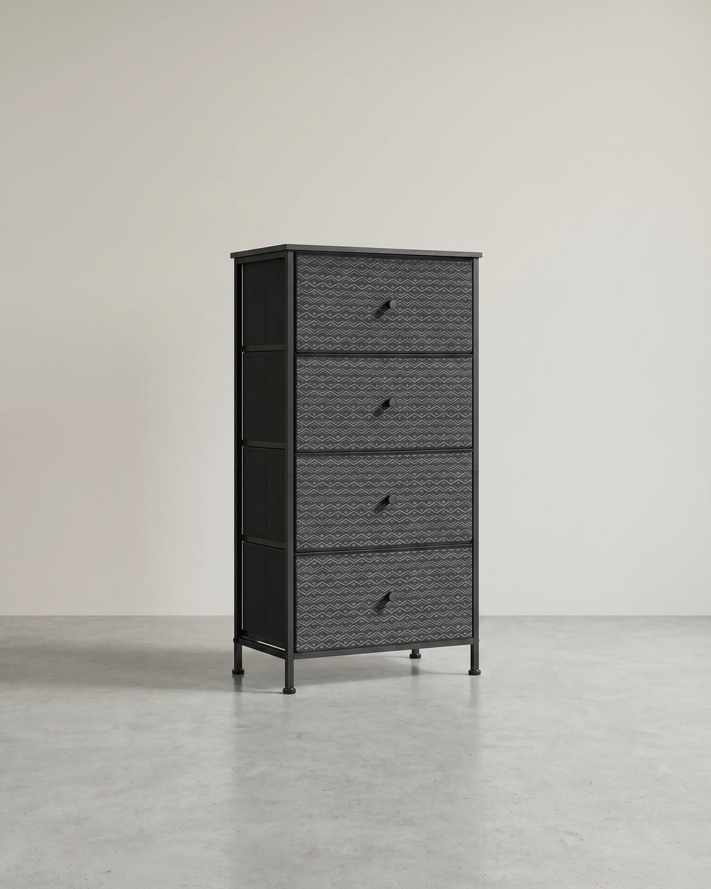 Ladekast Zwart-Wit – Opbergkast met 5 Stoffen Lades – Geometrisch Design – Metalen Frame – 99 cm Hoog – Tot 63,5 kg Draagvermogen