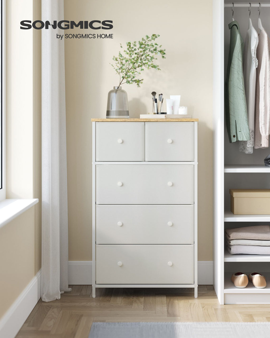 Dressoir - 5 Stoffen Lades - Stalen Frame - Voor Slaapkamer Of Hal